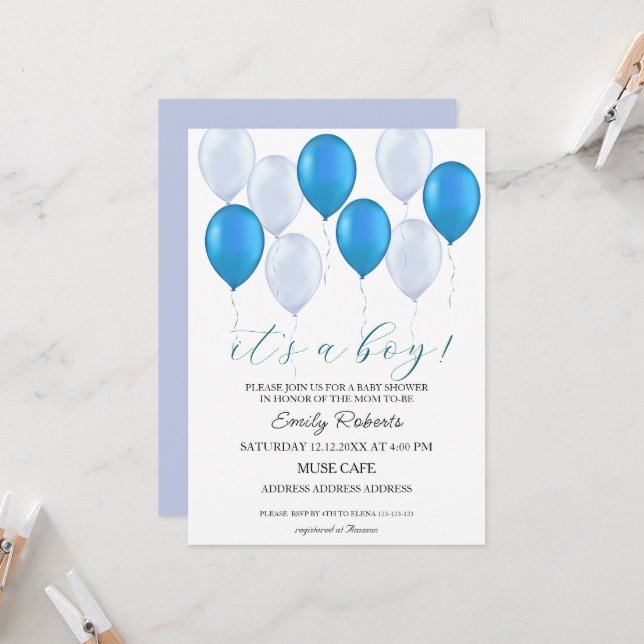 Globos azules es una invitación de Baby Shower par (Anverso/Reverso In Situ)