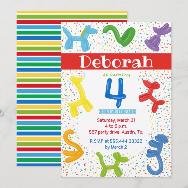 Globos de animales Invitación a cumplir 4 años (Anverso / Reverso)