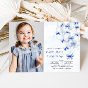 Globos de Blue Bows Invitación de primer cumpleaño