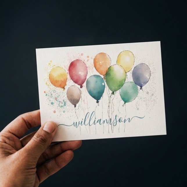 Globos de colores divertidos con apellido (Personalized note card with festive balloons
)