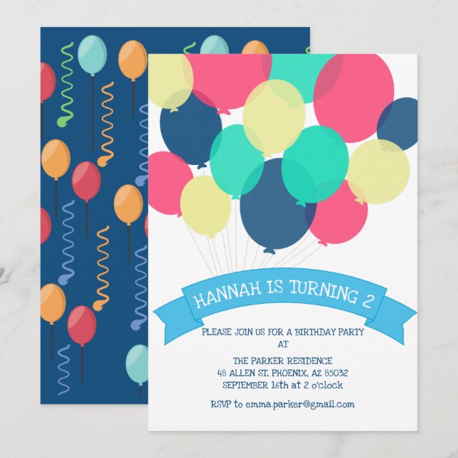 Globos de Cumpleaños Invitación para Fiesta Infant (Anverso / Reverso)