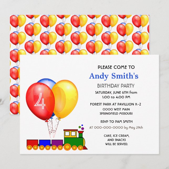 Globos de Cumpleaños número 4 Invitación a una Fie (Anverso / Reverso)