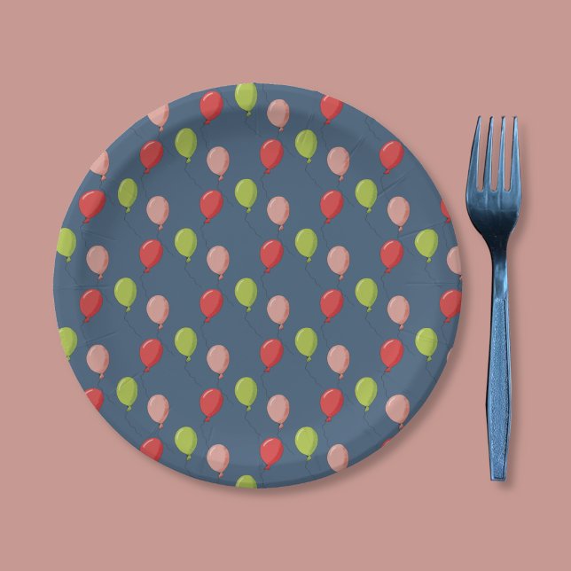 Globos de cumpleaños Plato de papel azul oscuro (Birthday balloon pattern dark blue paper plate.)