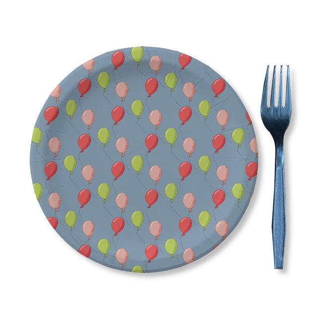 Globos de cumpleaños Platos de papel azul claro (Birthday balloons pattern light blue round paper plate .)
