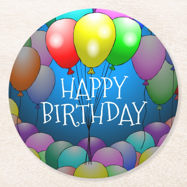 Globos de Feliz Cumpleaños Posavasos de Papel Redo (Anverso)
