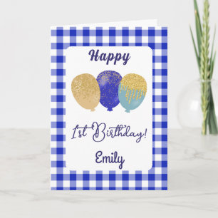 Globos de Gingham Azul Cumpleaños Infantil Tarjeta