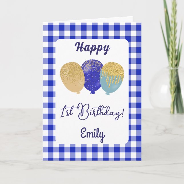 Globos de Gingham Azul Cumpleaños Infantil Tarjeta (Anverso)