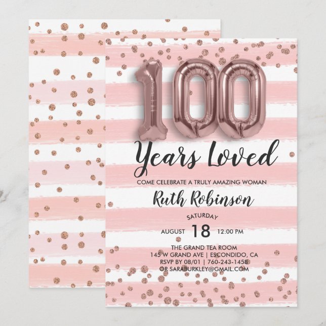 Globos de Oro Rosa | Invitación de cumpleaños núme (Anverso / Reverso)