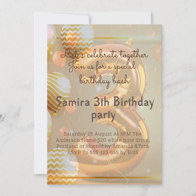 "Globos Dorados ¡Cumpleaños número 3!" Invitación (Anverso)