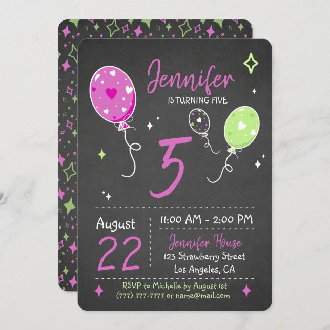 Globos | Invitación a Chalkboard de Cumpleaños (Anverso / Reverso)