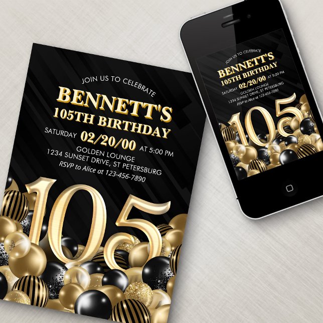 Globos Oro Negro Invitación a cumplir 105 años (Subido por el creador)