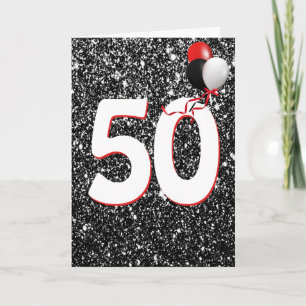 Globos para cumpleaños 50 en tarjeta de purpurina 