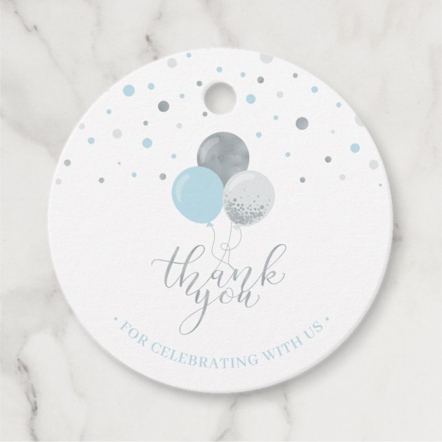 Globos plateados y azules | Etiqueta de agradecimi (Anverso)