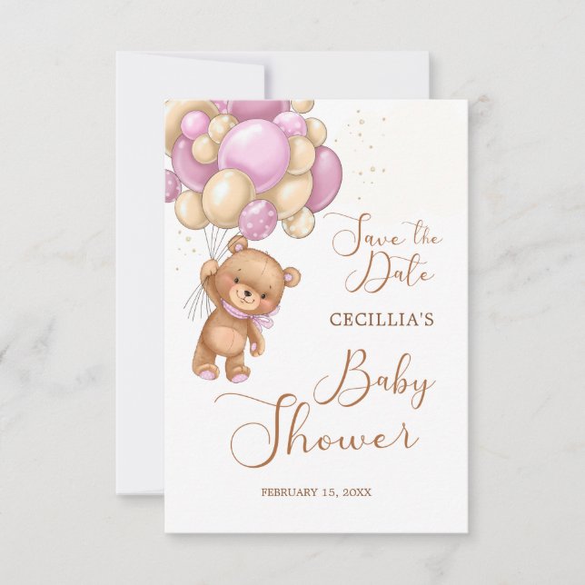 Globos rosados de oso Baby Shower Guardar la fecha (Anverso)