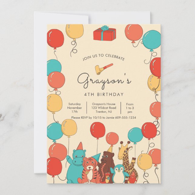 Globos y Animales Cumpleaños Infantil Moderno (Anverso)