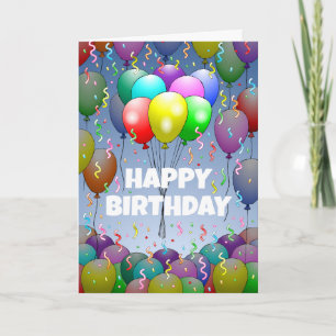 Globos y confeti en una tarjeta de cumpleaños