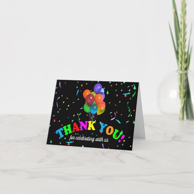 Globos y Confetti en negro | Tarjeta de agradecimi (Anverso)