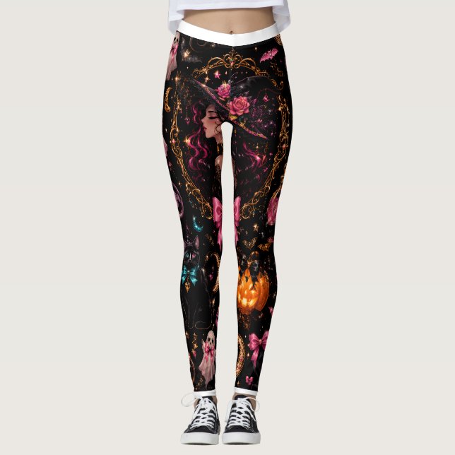 Glossy Coquette Witch Halloween Pattern Leggings (Anverso)