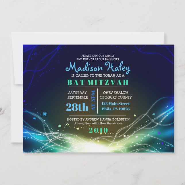 GLOWING NEON Stars Bar Mitzvah Invitación azul (Anverso)