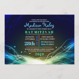 GLOWING NEON Stars Bar Mitzvah Invitación azul