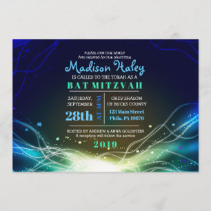 GLOWING NEON Stars Bar Mitzvah Invitación azul