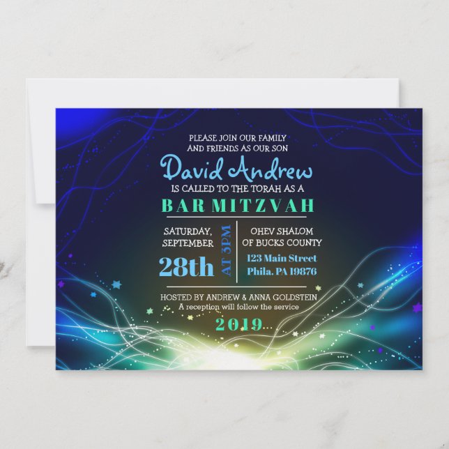 GLOWING NEON STARS Bar Mitzvah Invitación azul (Anverso)