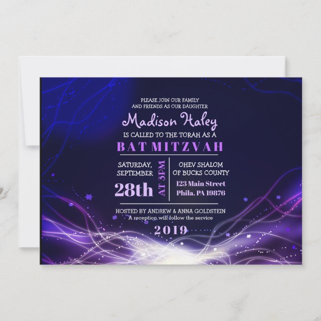GLOWING NEON STARS Bat Mitzvah Invitación Purple (Anverso)