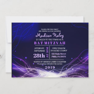 GLOWING NEON STARS Bat Mitzvah Invitación Purple