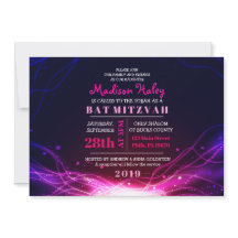 GLOWING NEON STARS FUSCHIA Bat Mitzvah Invitación