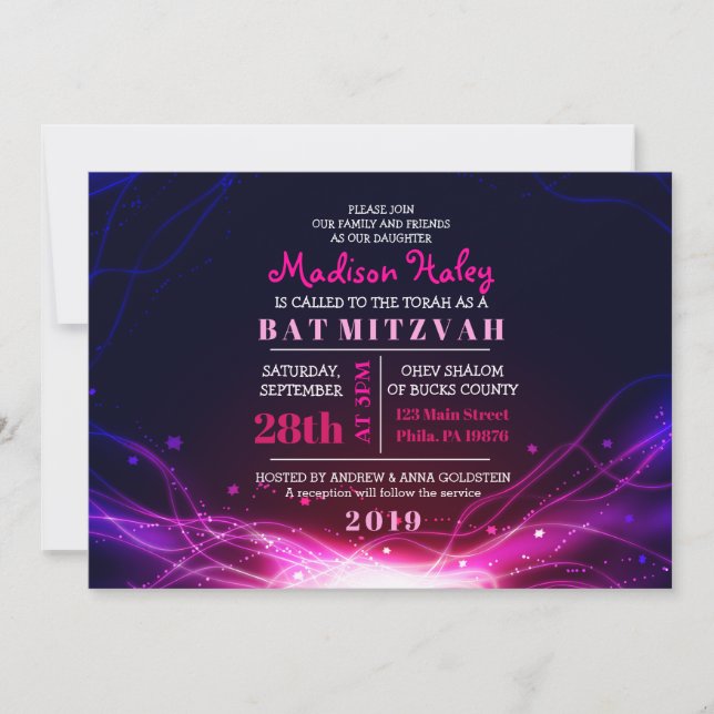 GLOWING NEON STARS FUSCHIA Bat Mitzvah Invitación (Anverso)