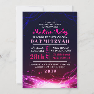GLOWING NEON STARS FUSCHIA Bat Mitzvah Invitación