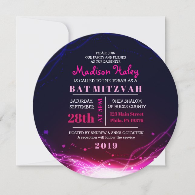 GLOWING NEON STARS FUSCHIA Bat Mitzvah Invitación (Anverso)