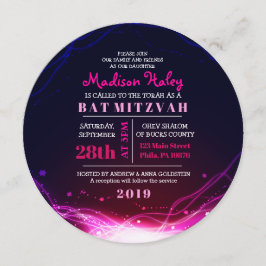 GLOWING NEON STARS FUSCHIA Bat Mitzvah Invitación