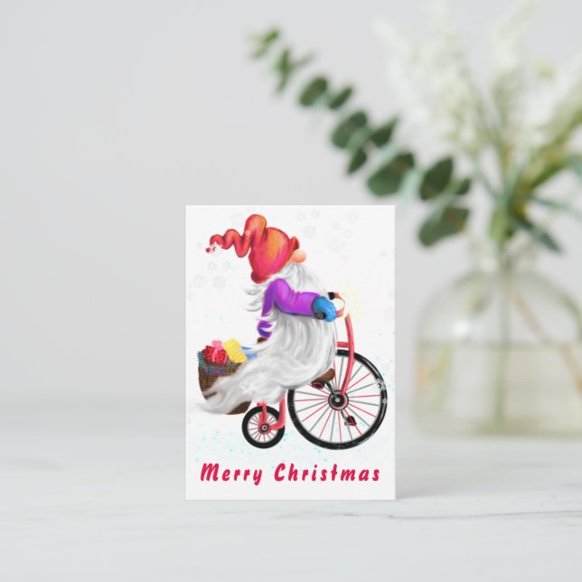 Gnome con tarjeta de Navidades de bicicletas y reg (Anverso de pie)