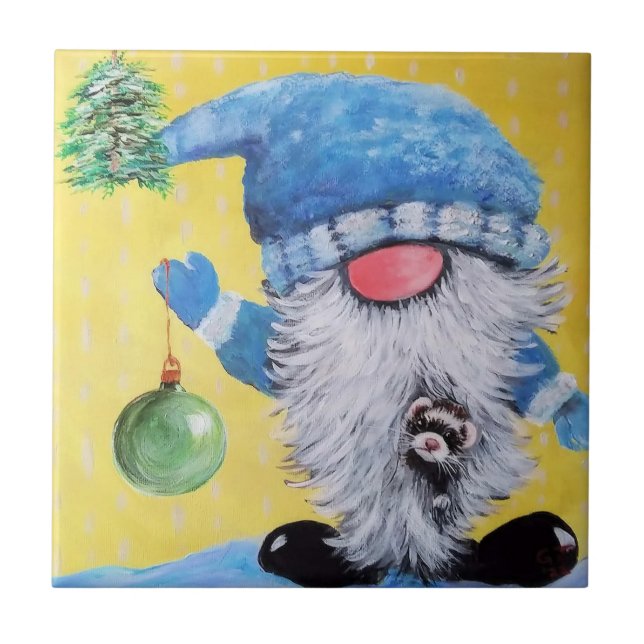 Gnome de invierno y baldosas decorativas de ferret (Frente)