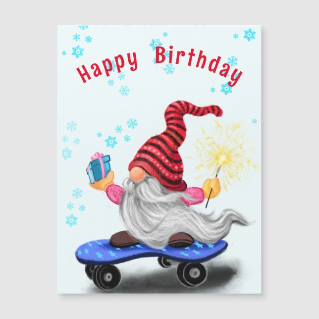 Gnome de navidades con tarjeta de cumpleaños magné (Anverso)