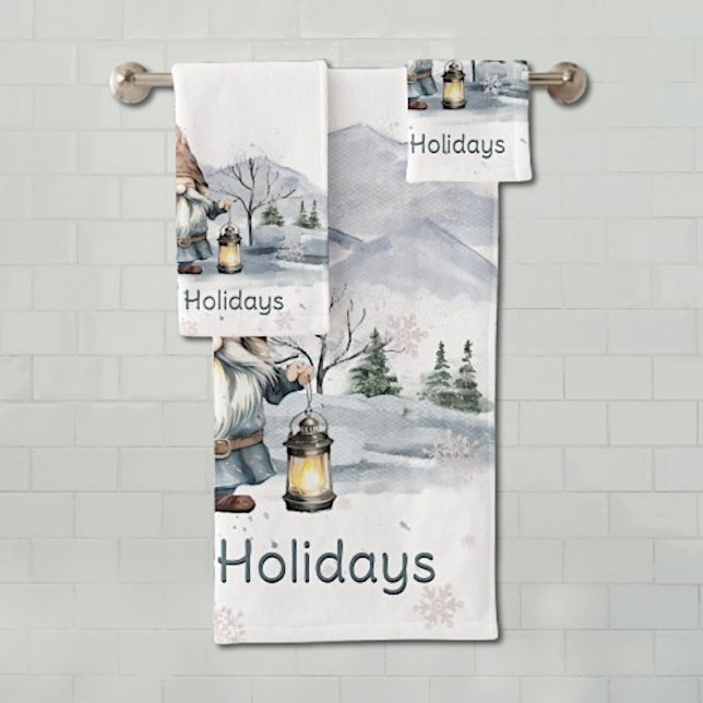 Gnome de Navidades de invierno acuarela (Watercolor Winter Christmas Gnome Bath Towel Set)