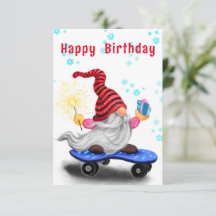 Gnome de patinador de tarjetas de cumpleaños con r