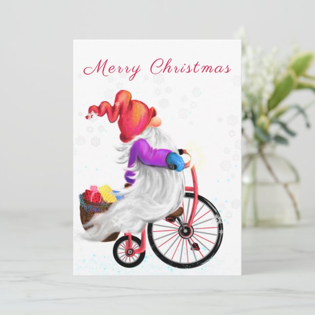 Gnome divertido con bicicletas y regalos - Feliz N (Anverso de pie)