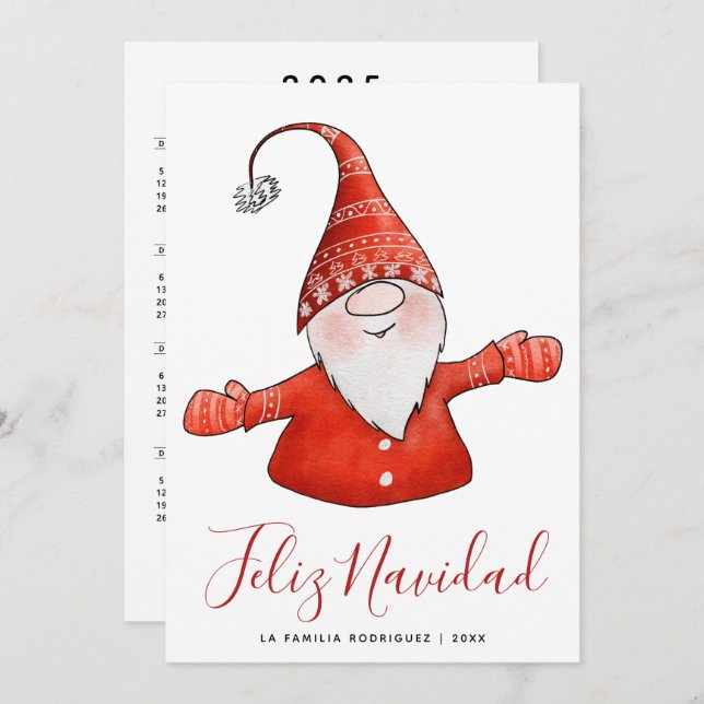 Gnome Feliz Navidad Calendario Español 2025 (Anverso / Reverso)