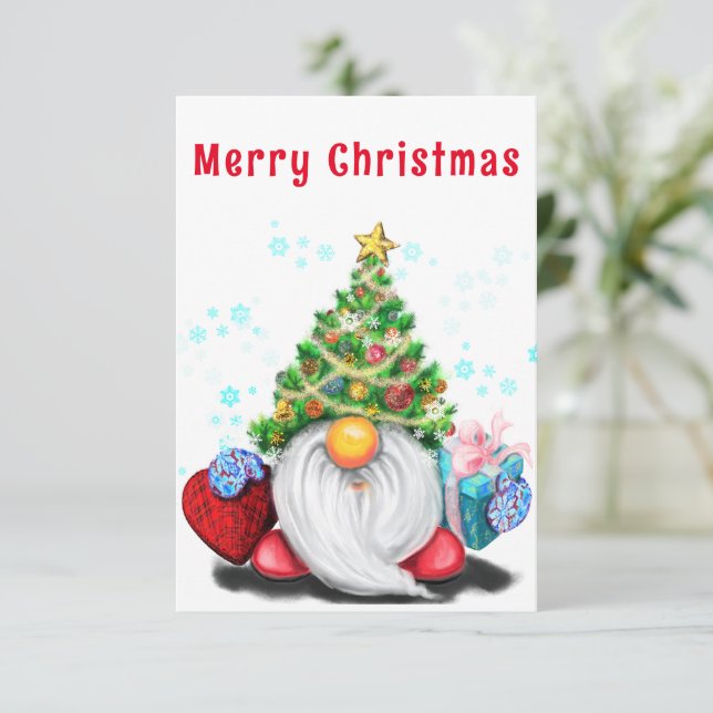 Gnome lindo con tarjeta de Navidades de regalo (Anverso de pie)