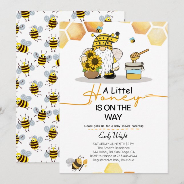 Gnome pequeñas abejas de miel invitaciones a la du (Anverso / Reverso)
