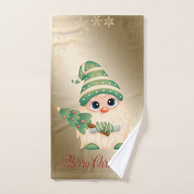 Gnome, Pine Tree, Snowflakes, Navidades de oro (Toalla de mano)