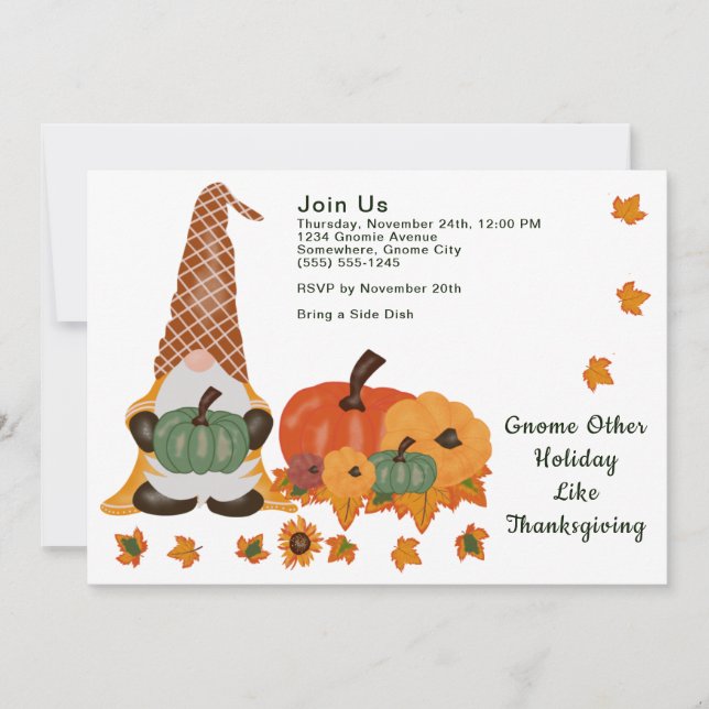 Gnome Pumpkins deja la invitación del Día de Acció (Anverso)