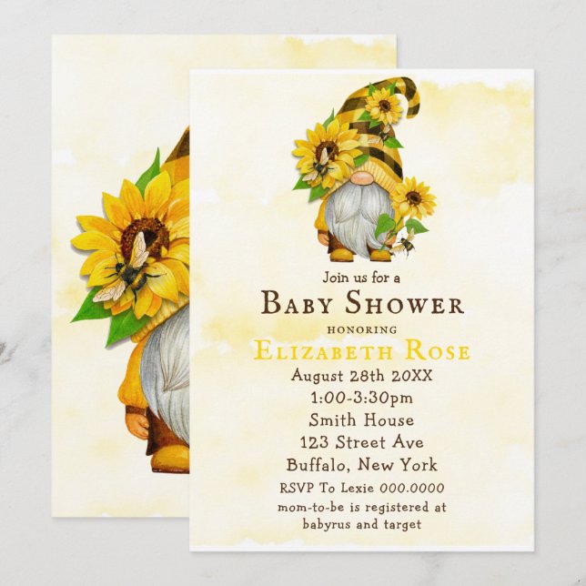 Gnome Sunflower Bees Baby Shower Invitaciones (Anverso / Reverso)