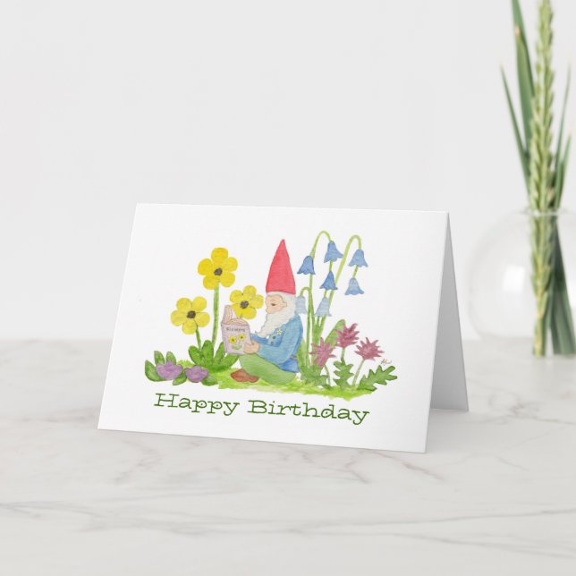 Gnomo con la tarjeta de cumpleaños del libro de la (Anverso)