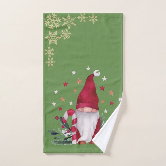 Gnomo,Copos de nieve,Verde Fiesta (Toalla de mano)