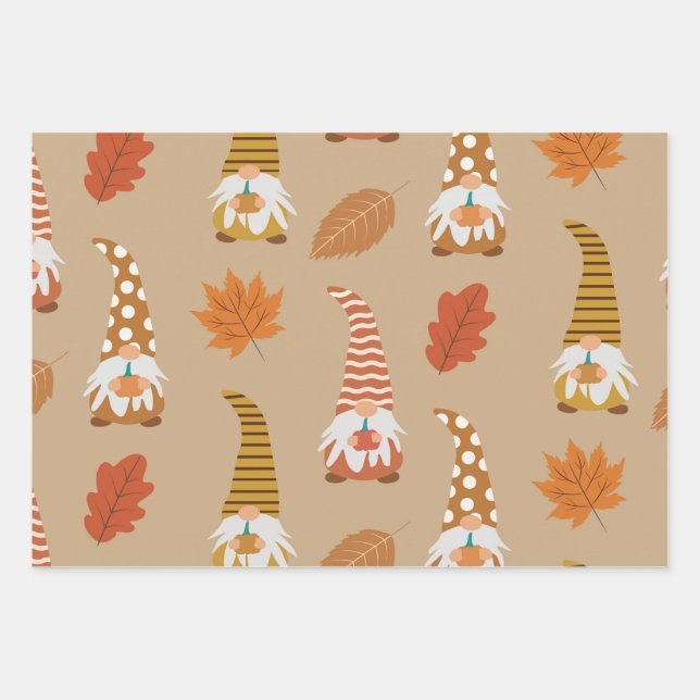 Gnomo de otoño con hojas de otoño sobre marrón (Anverso)