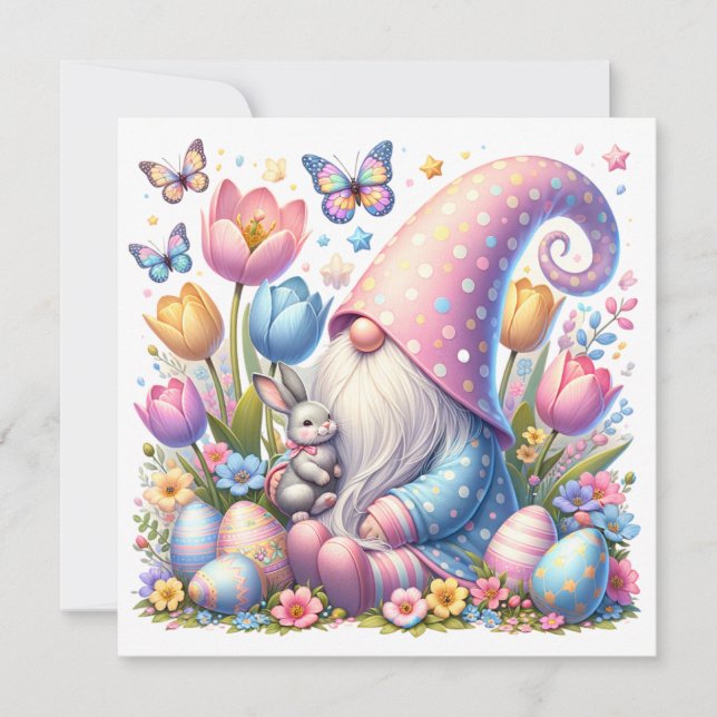 Gnomo de Pascua con conejo y flores de primavera  (Anverso)