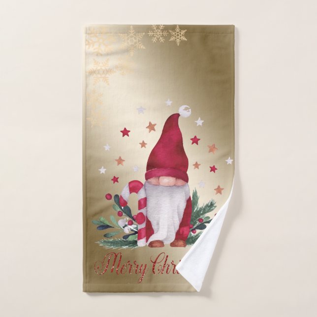 Gnomo,Ramas de Pino,Copos de Nieve,Oro de Navidad (Toalla de mano)